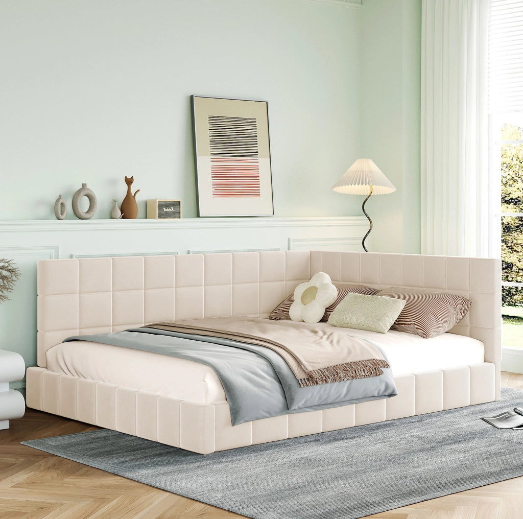 Letto a giorno matrimoniale 140x200 cm in tessuto con rete a doghe; beige