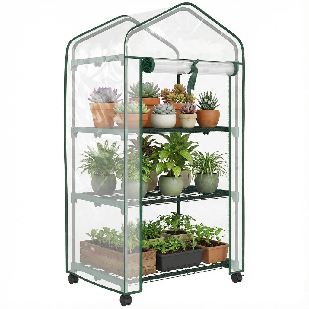 Serra da giardino con 3 ripiani, copertura in PVC, porta a rullo ¨C zephmum ¨C trasparente 69x49x130 cm