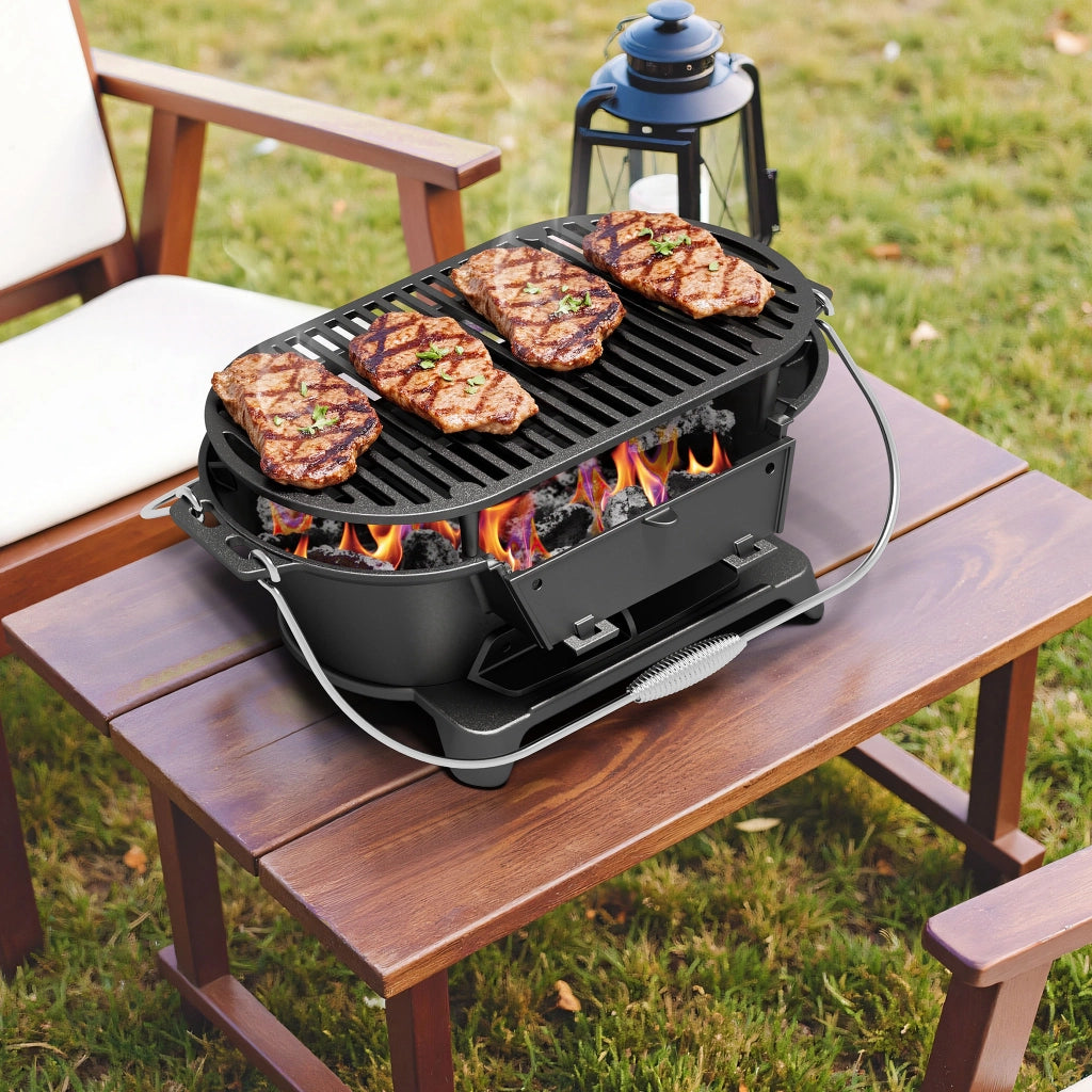 Pentola in ghisa con griglia, barbecue portatile a carbonella con sistema di aspirazione, 50x27x21 cm, griglia da campeggio
