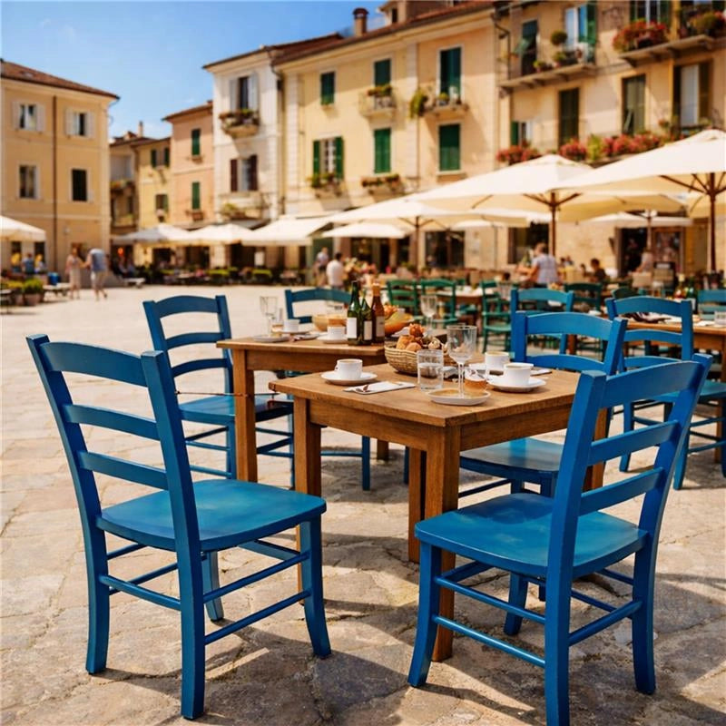 SET 4 SEDIE PAESANA IN LEGNO CON SEDUTA COMPATTA E SCHIENALE ALTO H 87 X L 45 X P 40 CM COLORE AZZURRO