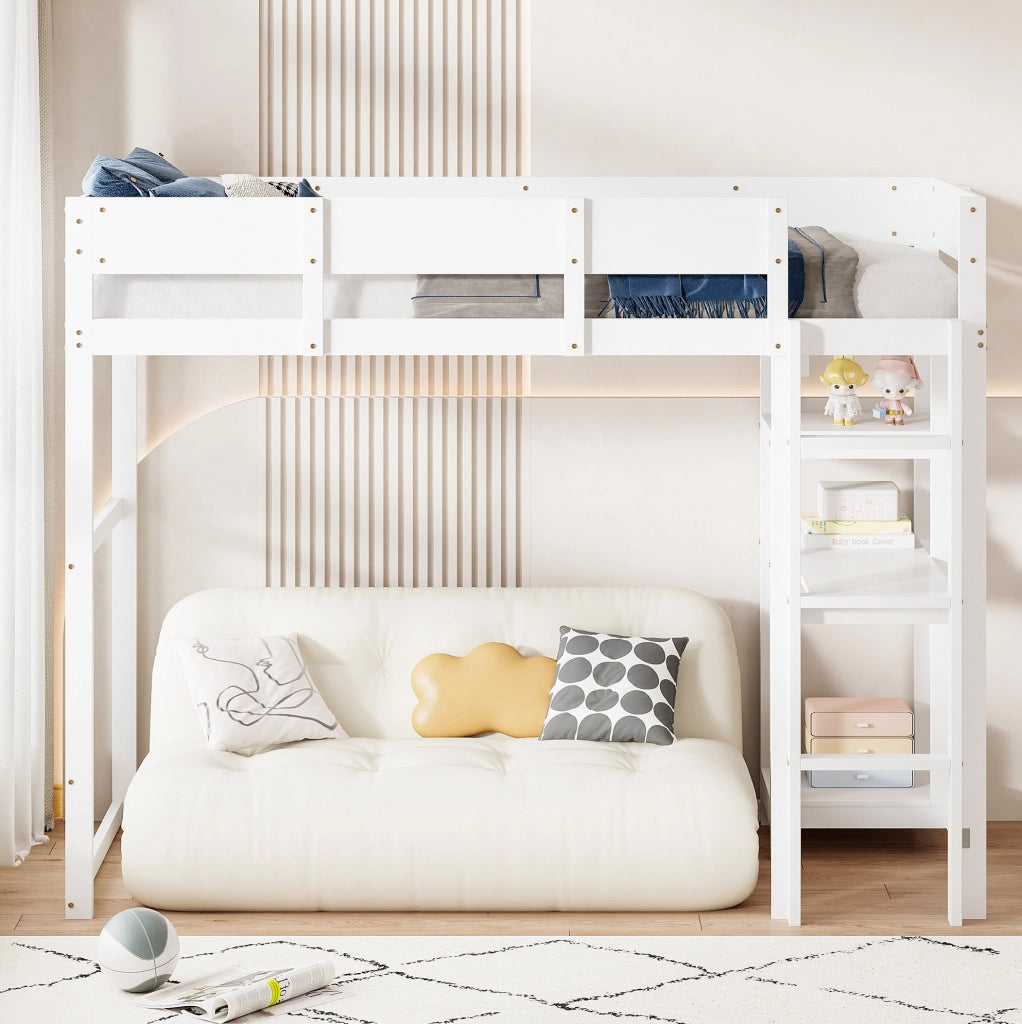 Letto a soppalco 90x200 cm con ripiano; in legno di pino massello bianco