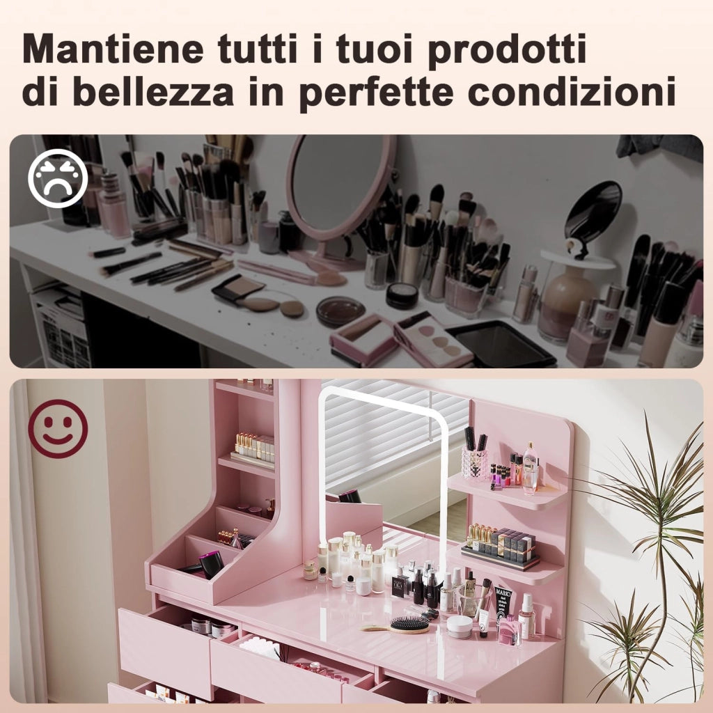 Toeletta da Trucco con 7 Cassetti, Postazione Trucco con Specchio a LED, Luminosità Regolabile,Tavolo da Toeletta con 4 Ripiani Aperti,per la Camera da Letto (Rosa)