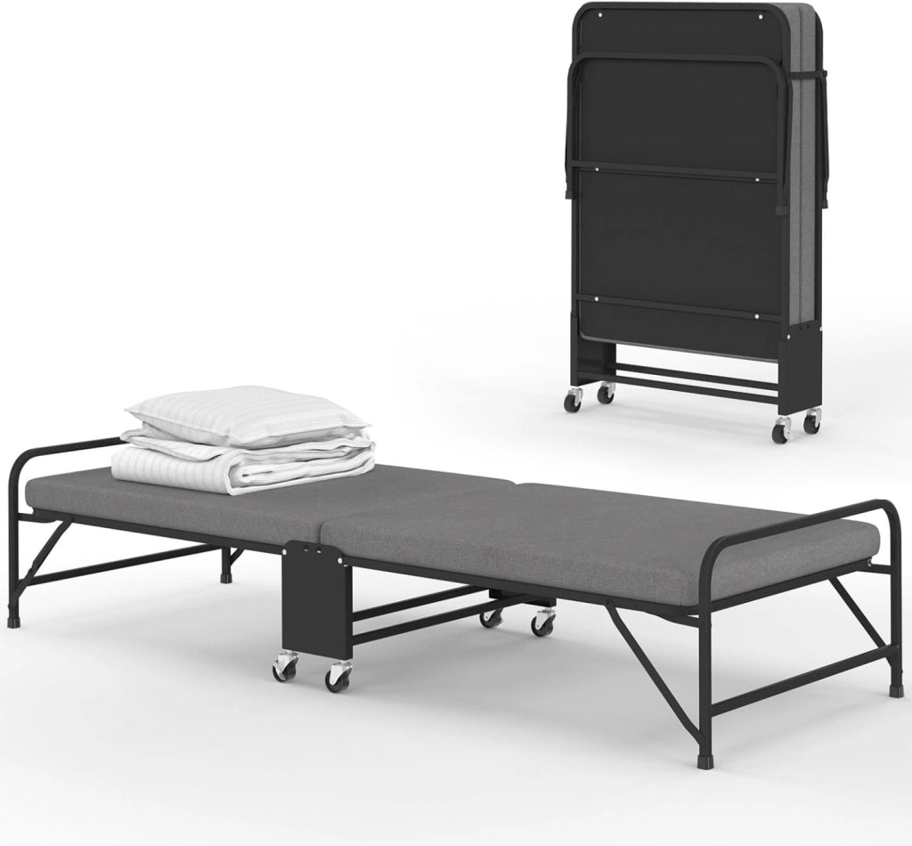 Letto pieghevole singolo in metallo ZAK con rete e materasso 70x190 cm grigio e nero