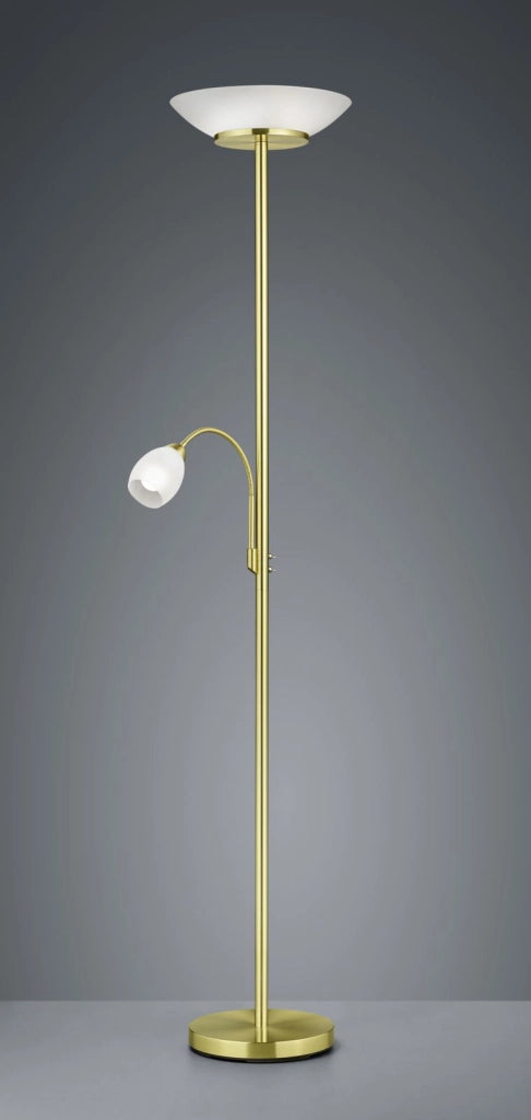 GERRY PIANTANA CON LAMPADA DA LETTURA METALLO OTTONE OPACO CON DIFFUSORI VETRO BIANCO H. 180CM 2 LUCI ATTACCO E27 E E14
