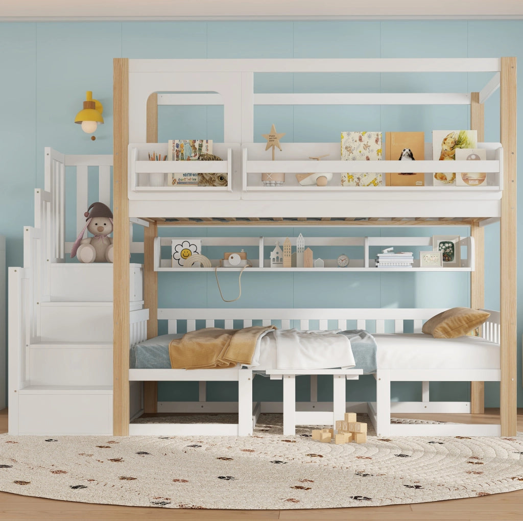 Letto a castello per bambini 90x200 cm con tavolo pieghevole e scala contenitore