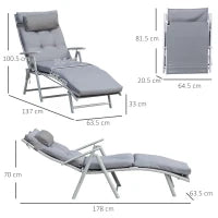 Sdraio da Giardino Pieghevole con Materassino e Cuscino, Schienale con 7 Reclinazioni, 137x63.5x100.5cm, Grigio
