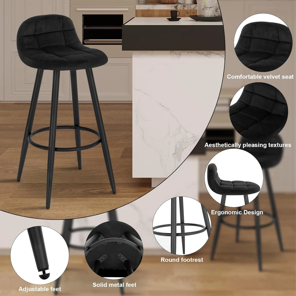 2x Sgabelli da Bar Moderni, Sedie Alte da Cucina con Schienale e Poggiapiedi, Seduta Imbottita, Sgabelli in Velluto e Metallo, Altezza Seduta 70cm, Nero BH364sz-2