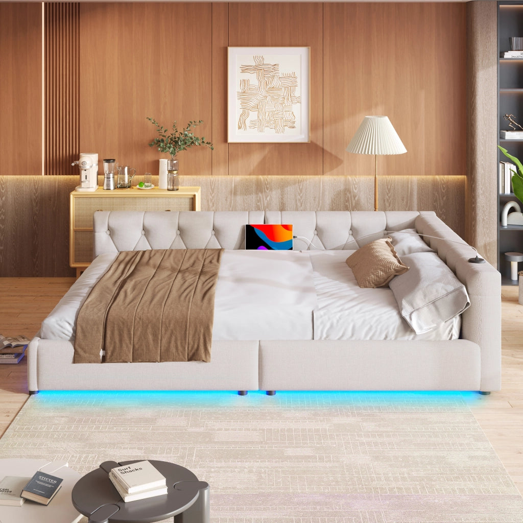 Letto divano con rete a doghe in lino beige 140x200 cm