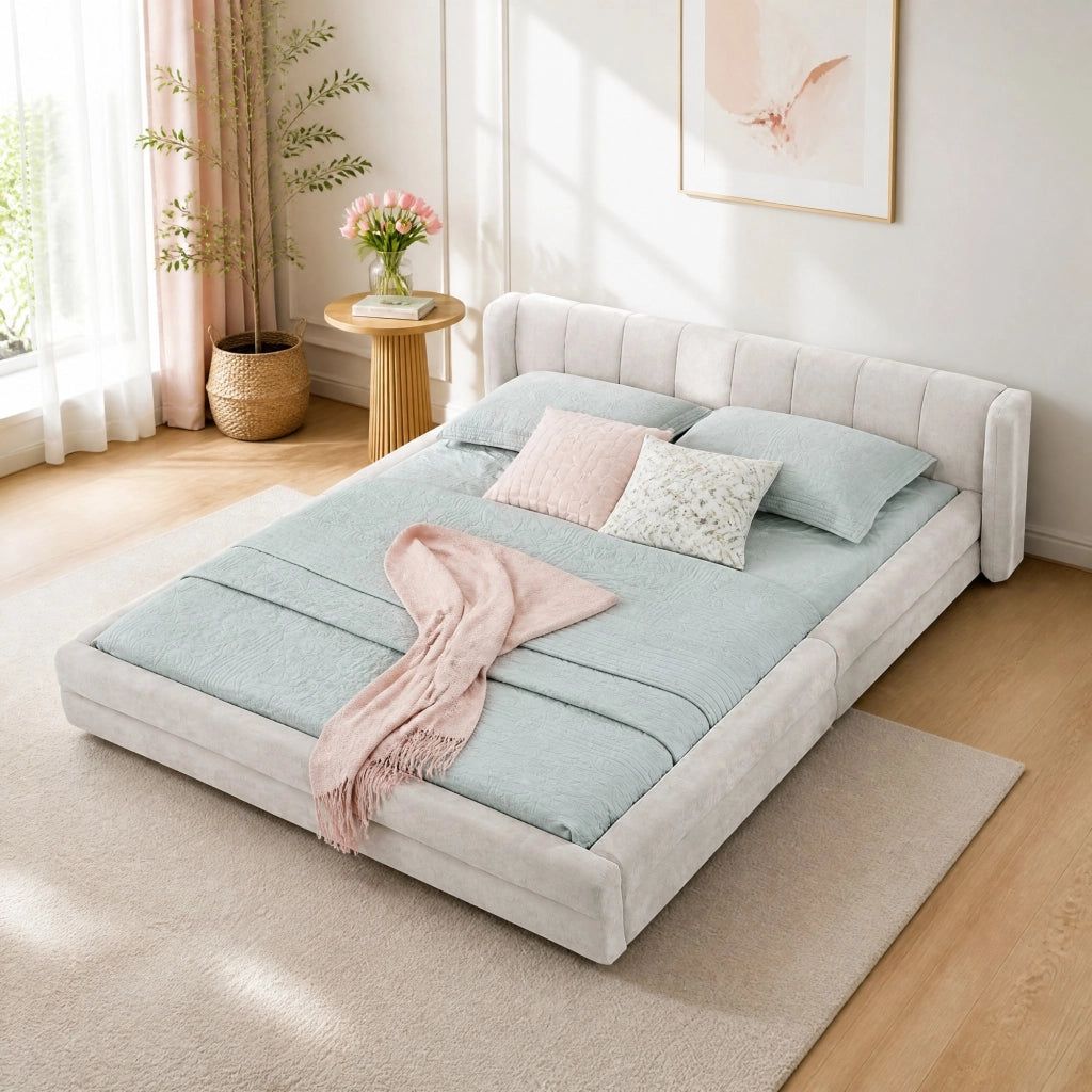 Letto matrimoniale 140x200 cm rivestito in chenille beige con testiera ergonomica e struttura rinforzata