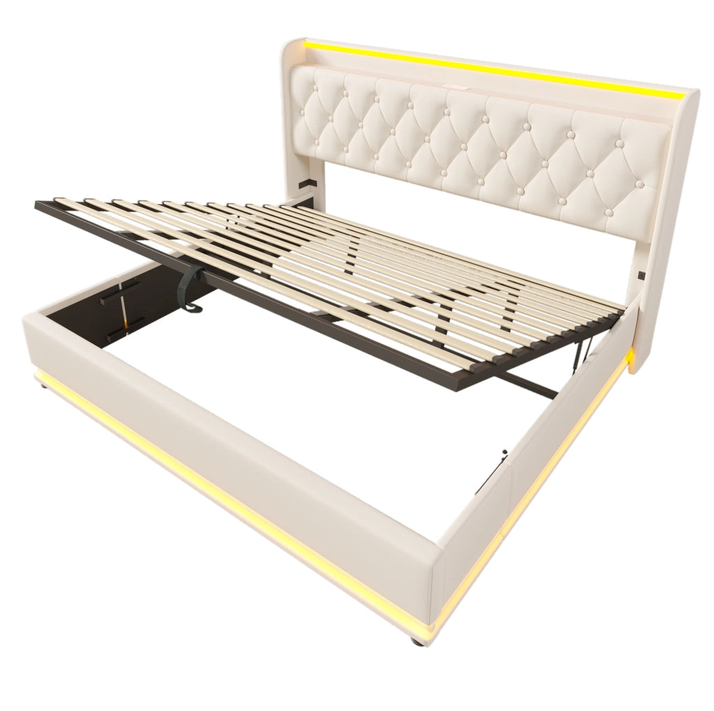 Letto matrimoniale 180x200 cm con contenitore; LED e porte USB e USB C; similpelle bianca
