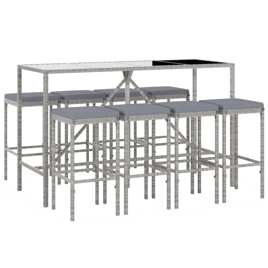 Set da bar da giardino da 9 pezzi con cuscini in polyrattan grigio 02_0013442