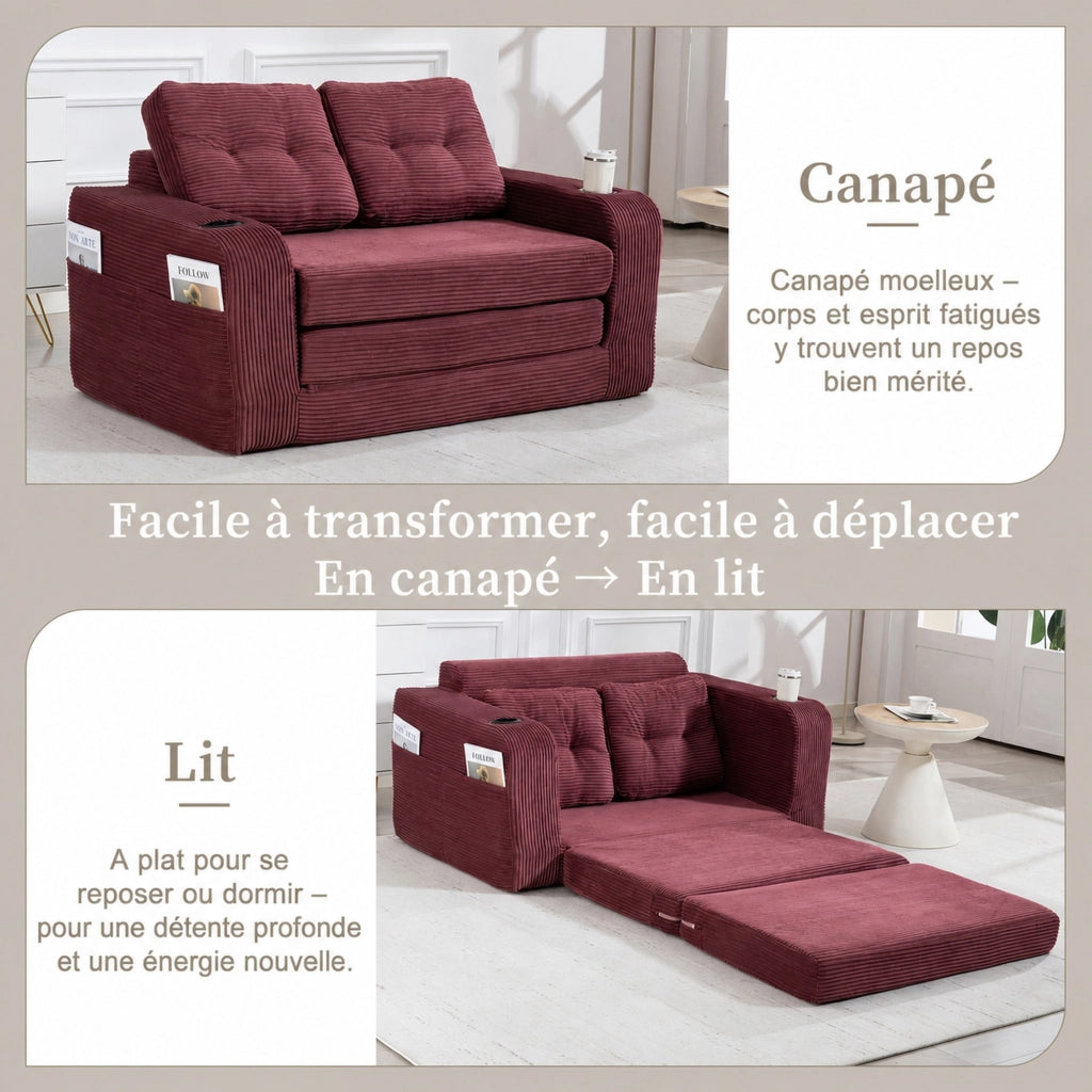 Divano modulare a 2 posti in velluto a coste con portabicchieri e tasche laterali, con cuscini, rosso vino 136 × 80 × 82,5 cm