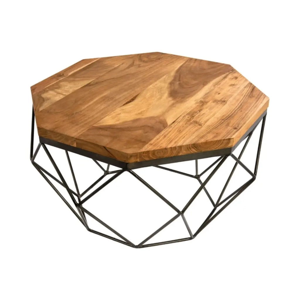 Tavolino basso NEXORA 70 cm in legno massello di mango e ferro nero design geometrico