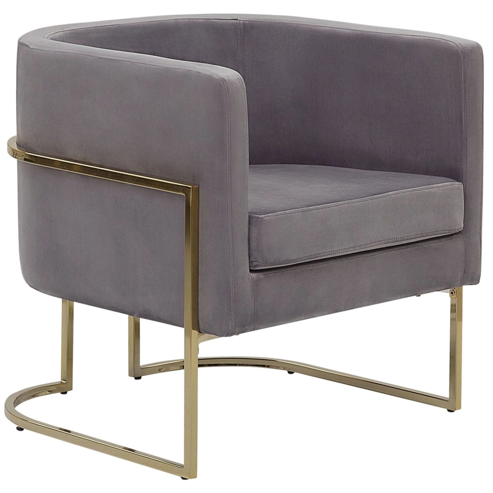 Poltrona Velluto Grigio Struttura In Metallo Dorato Con Schienale Tondo Stile Glam