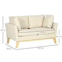 Divano da 2 Posti in Legno di Eucalipto e Tessuto Effetto Lino con 2 Cuscini, 137x78x78 cm, Beige