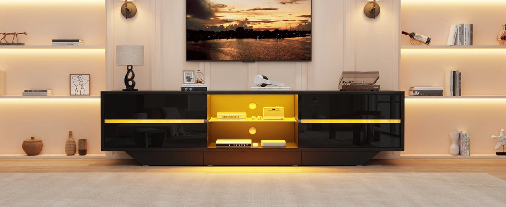 Mobile porta TV con LED RGB, 2 ante e 4 vani con ripiano in vetro regolabile, per soggiorno, nero, 160 × 35 × 44,5 cm