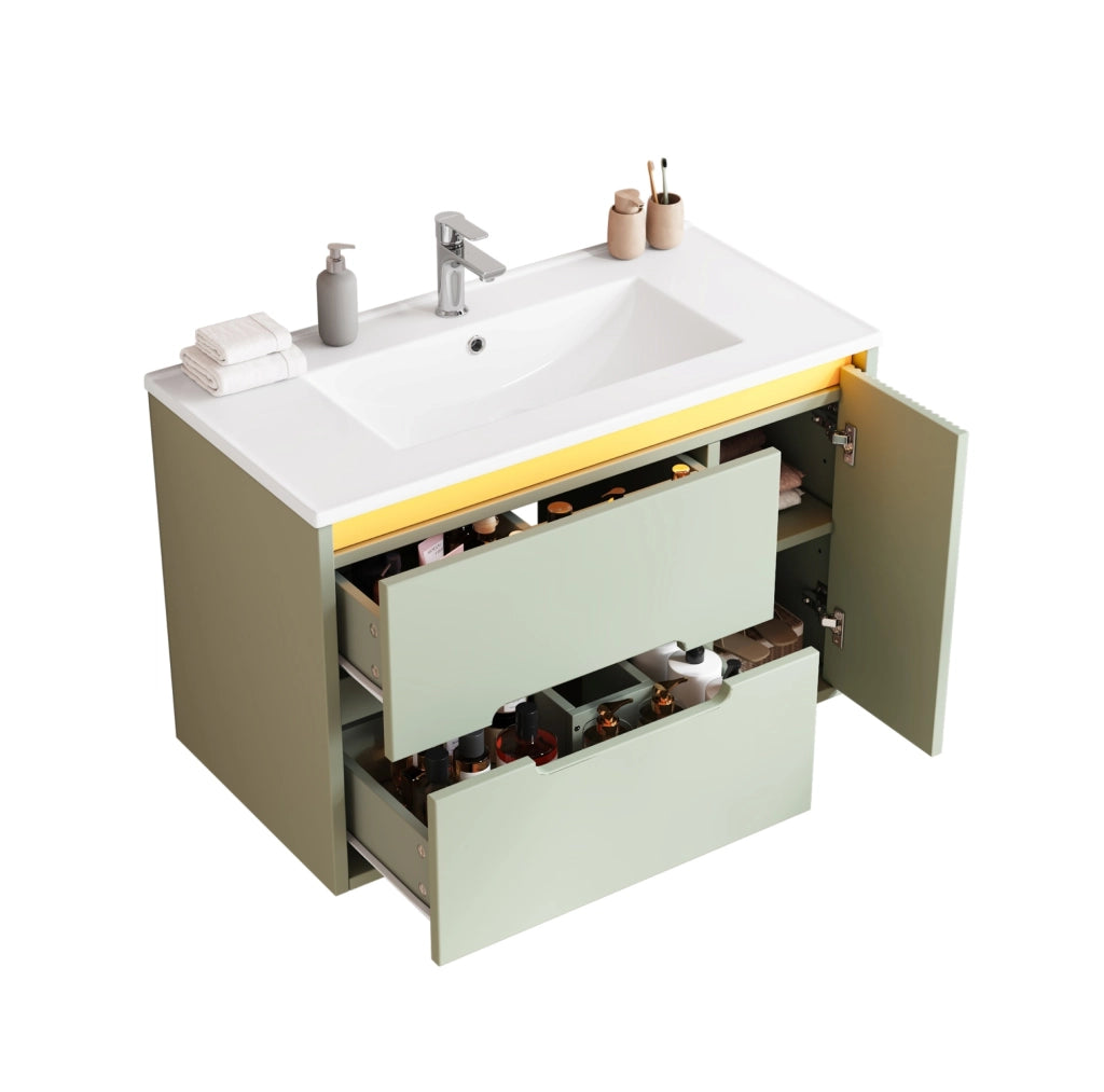 Mobile bagno sospeso 81 cm con lavabo in ceramica, LED e ante verdi