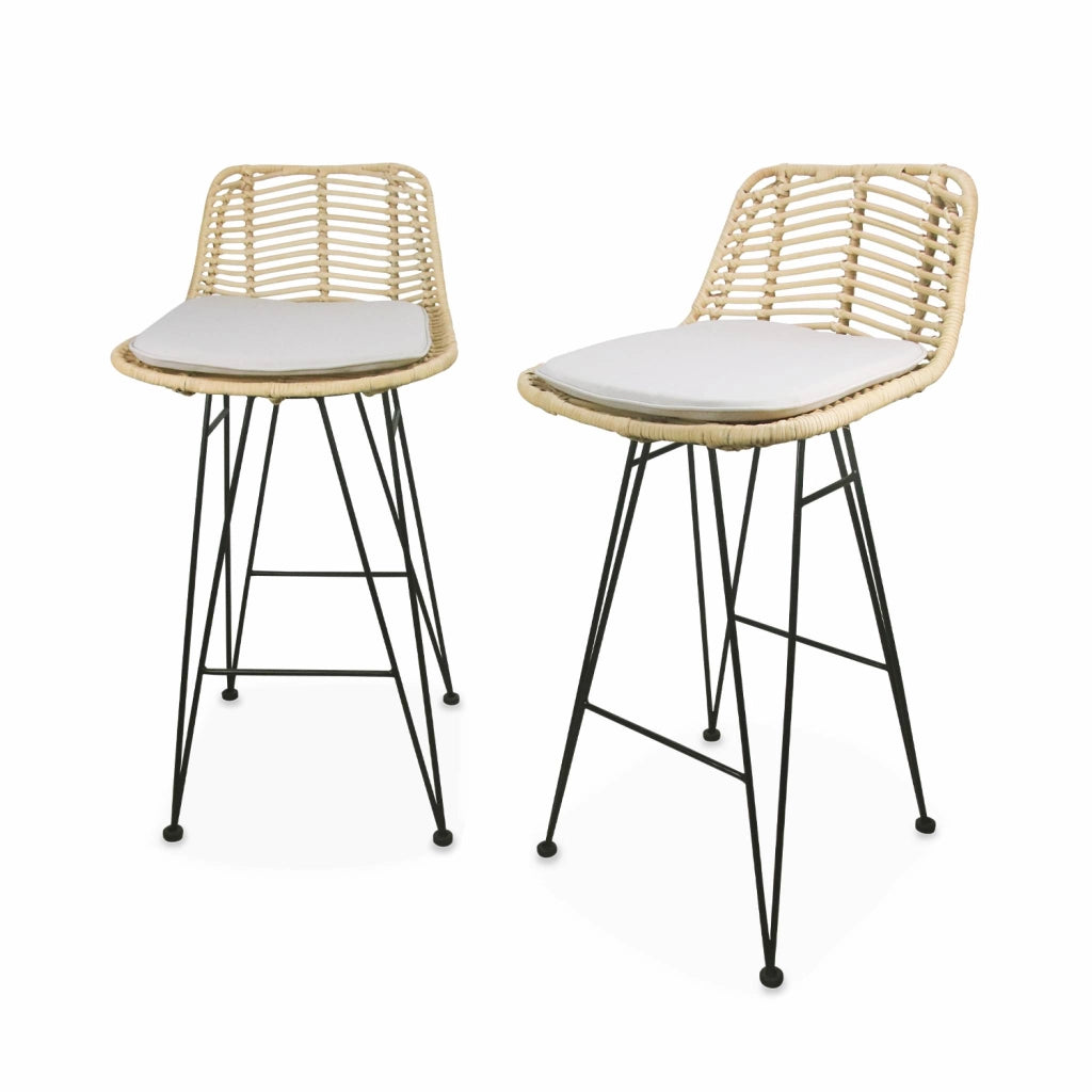 Set di 2 sgabelli da bar in metallo e rattan, 67cm, beige