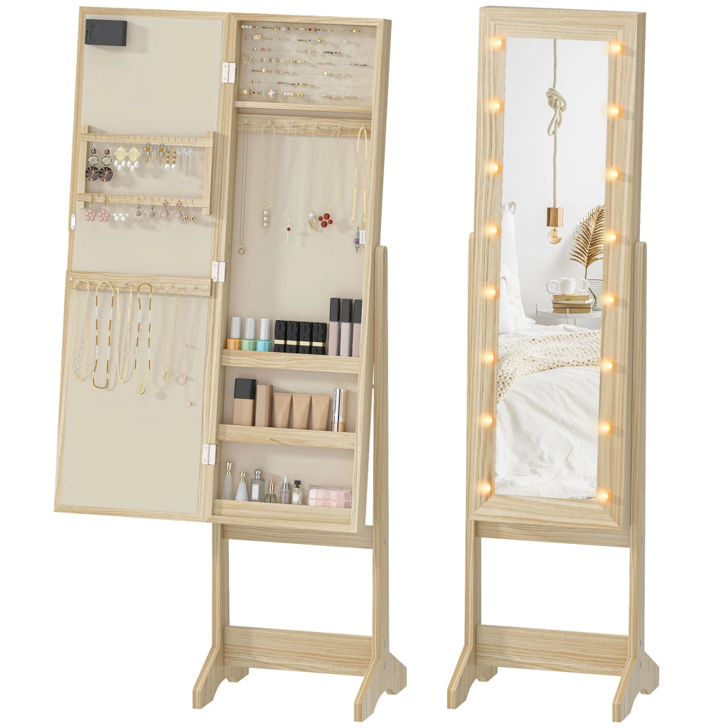 Armadio Joyero con Specchio e Luci LED ¨C zephmum ¨C Legno Naturale, Bianco, 90x51x