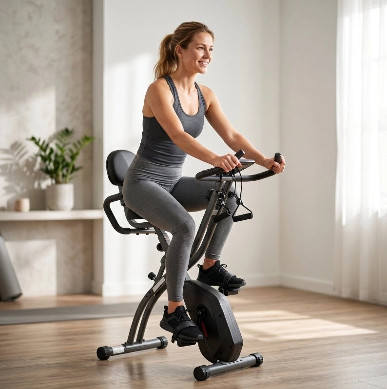 Cyclette pieghevole 3 in 1 con schienale, fasce elastiche e resistenza magnetica silenziosa