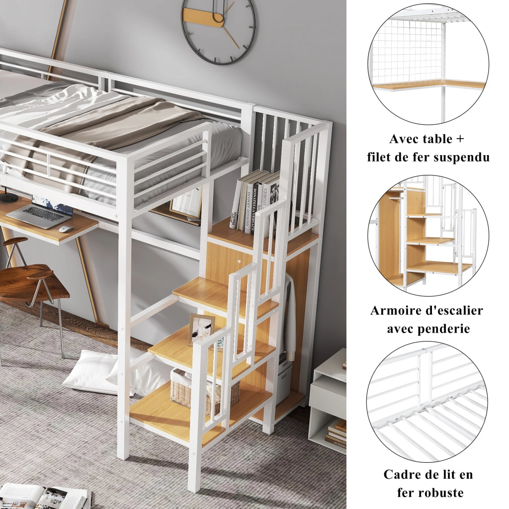 Letto a soppalco 90x200 cm con armadio integrato; MDF e metallo; bianco e naturale