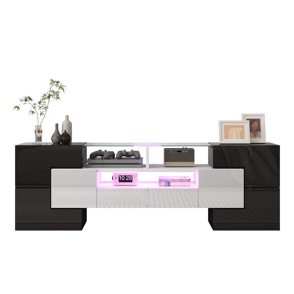 OKWISH Mobile TV con 6 Ante, 2 Cassetti e 3 Vani, LED Multicolore, per Soggiorno, Bianco, 145×30×51 cm