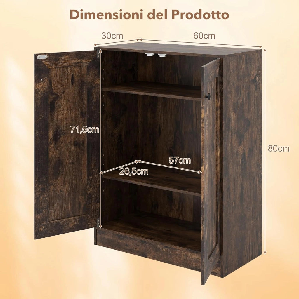 Mobile Bagno da Terra, Armadietto da Bagno in Legno con con 2 Ante e 3 Ripiani Regolabili, Credenza Indipendente per Soggiorno, Sala da Pranzo e Cucina, 60 x 30 x 80 cm