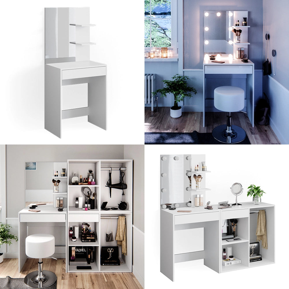 Vicco Tavolo da toeletta Bianco 140 cm con sgabello e armadio