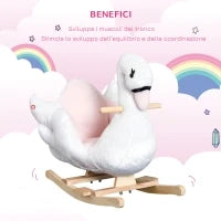 Cavallo a Dondolo a Forma di Cigno con Musica, Cavalluccio a Dondolo con Struttura in Metallo e Legno, Rivestimento Peluche, 60x32x55cm, Bianco