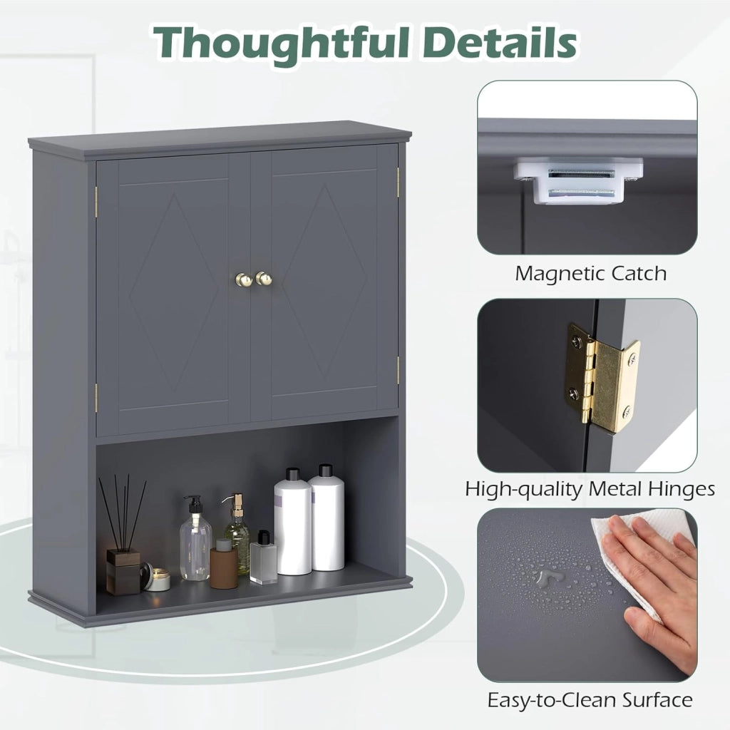 Mobile da Bagno, Armadietto a 2 Ante con Ripiano Regolabile, Armadio da Parete con Mensola Semi-aperta per Asciugamani, Prodotti per la Cura della Pelle e Articoli da Bagno (Grigio)