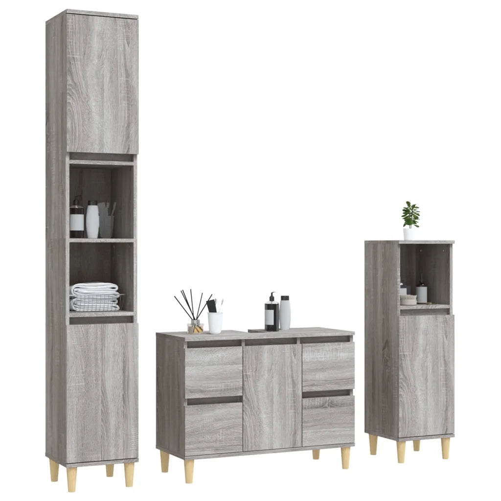 Set Mobili da Bagno | Armadio da bagno 3 pz Grigio Sonoma in Legno Multistrato
