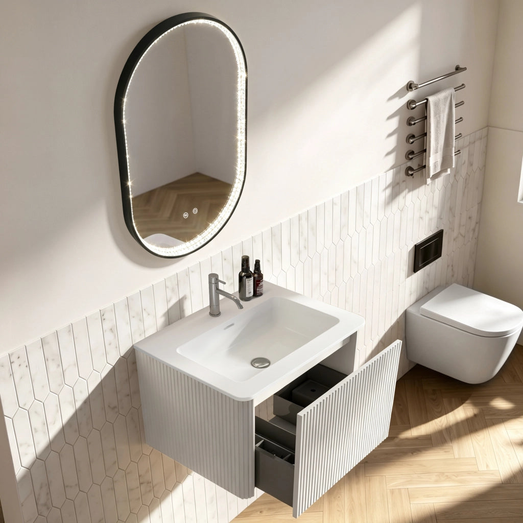 Mobile bagno con specchio LED; lavabo integrato e 1 cassetto; sospeso con antiappannamento; per bagno; bianco