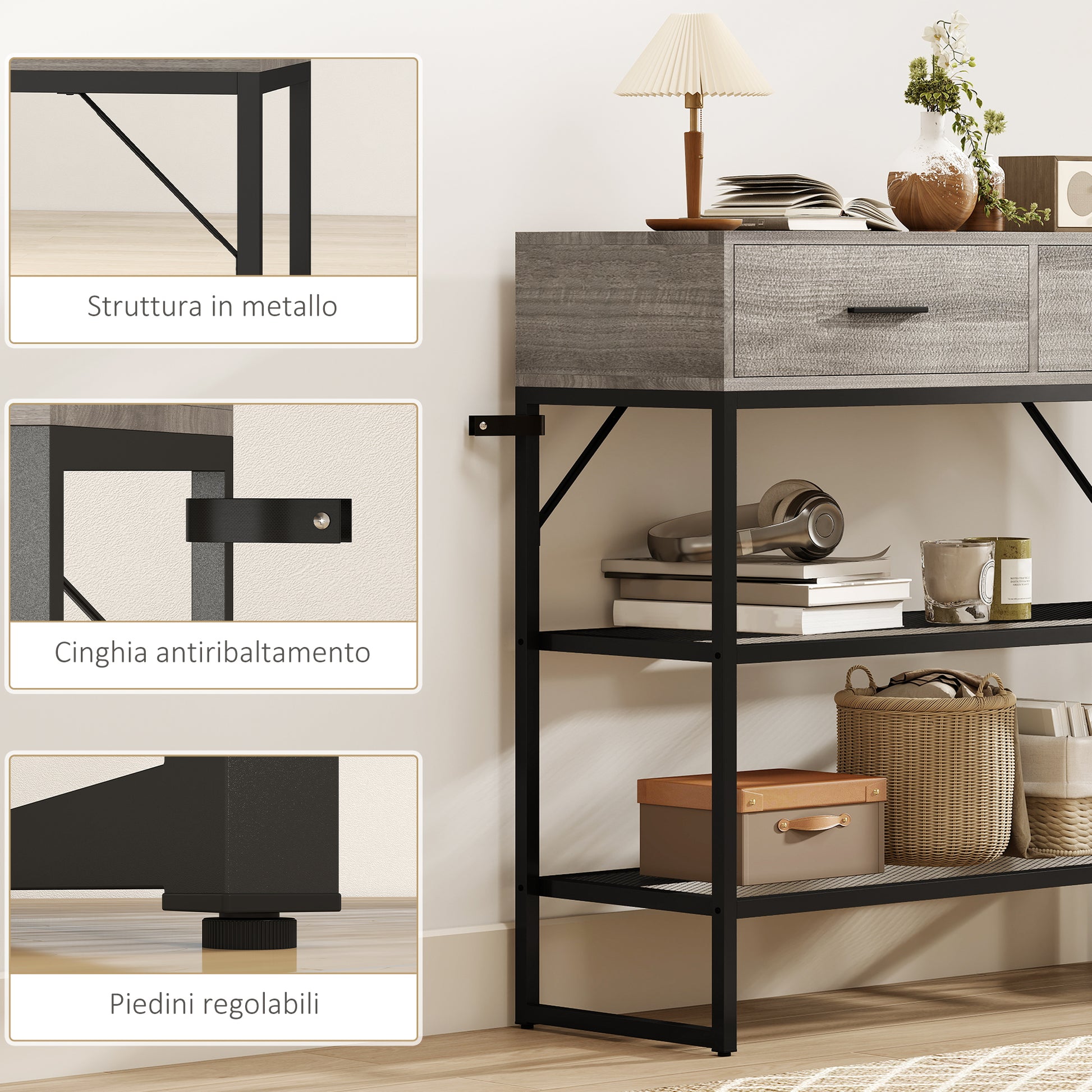 Consolle da Ingresso 100x35x92 cm con 2 Cassetti 2 Ripiani e Gancio Laterale in Legno e Metallo Nero e Legno