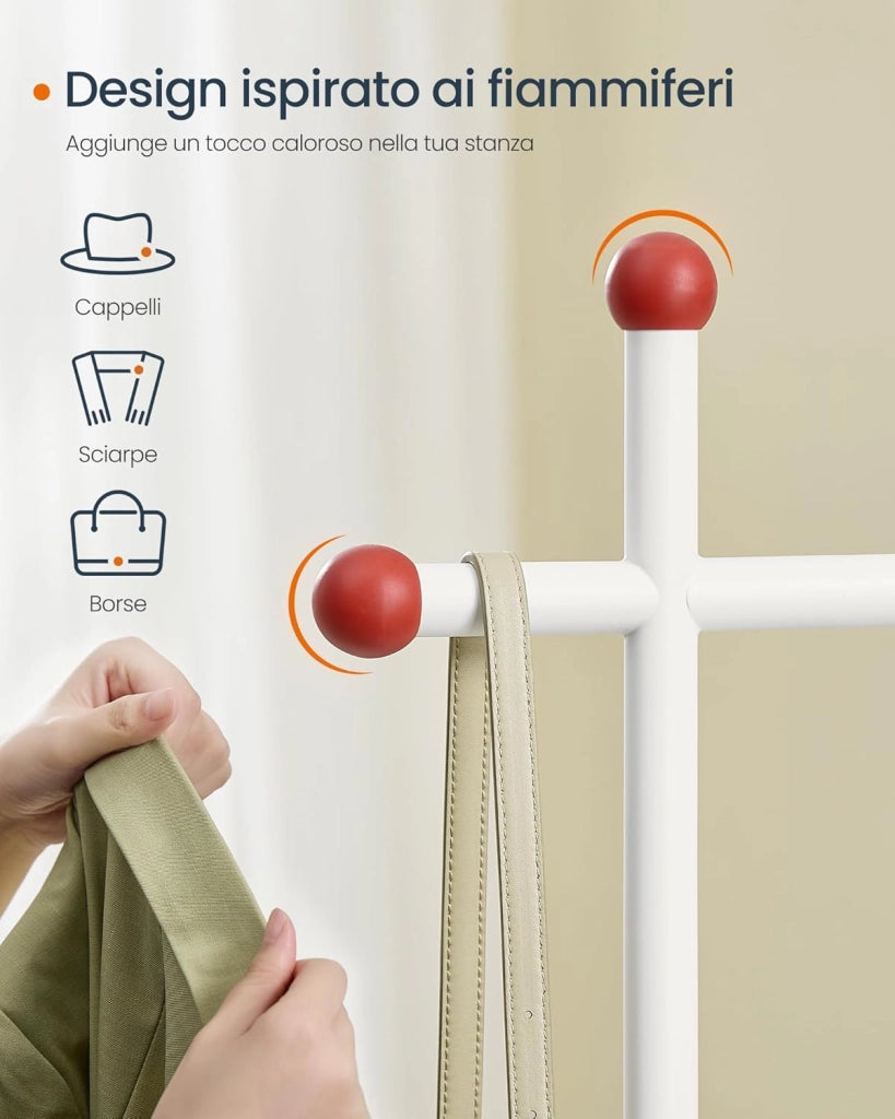 Stand Appendiabiti, Guardaroba Aperto, 6 Ripiani Portaoggetti, 2 Barre, Ganci a Forma di Fiammifero, Armadio Camera da Letto, Beige Naturale e Bianco Opaco RGR012K01