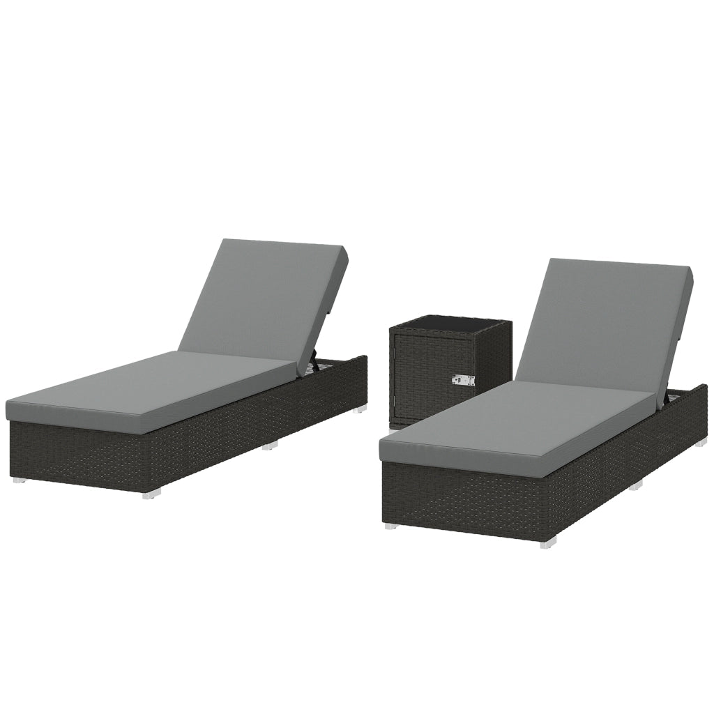 Set 2 Sdraio da Giardino in Rattan con Tavolino Laterale e Schienale Regolabile, 184x60x22 cm, Grigio Scuro