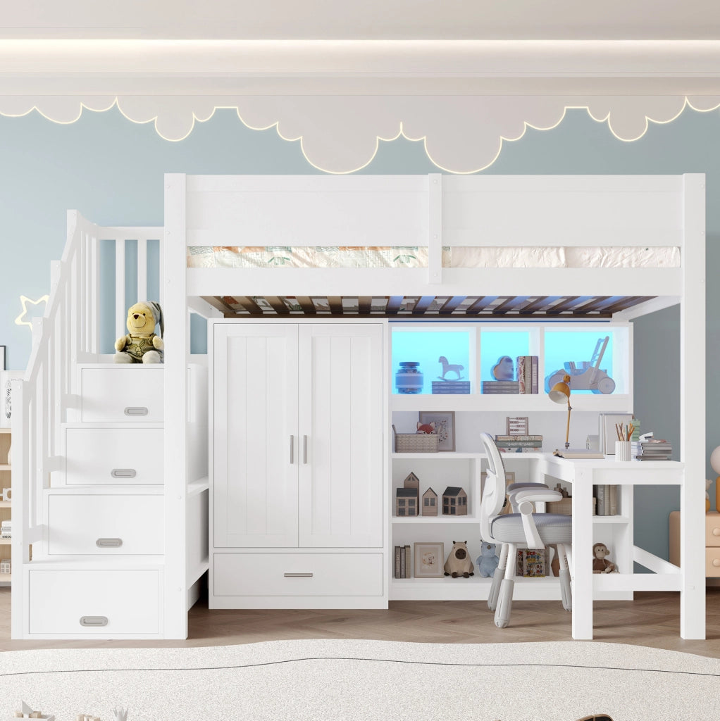 Letto a soppalco 90x200 cm con scrivania, armadio e LED