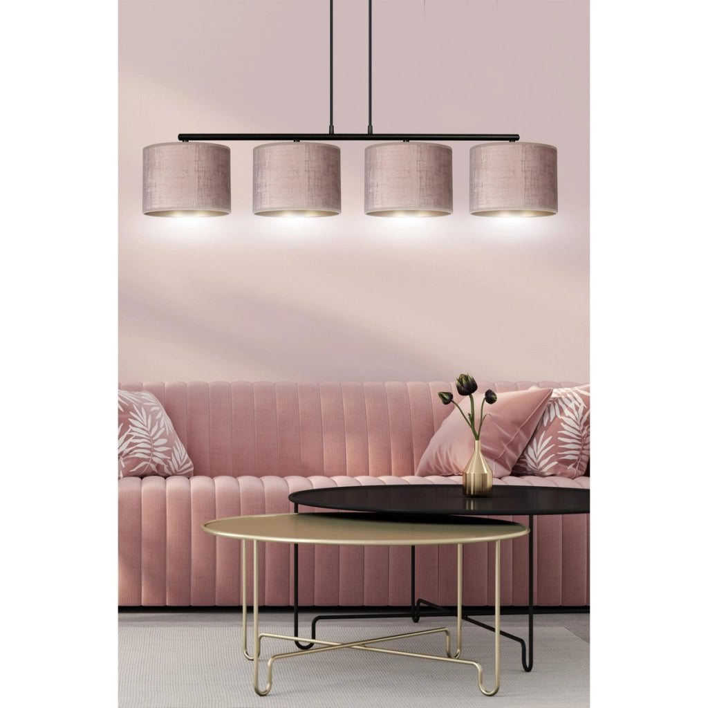 Lampada a sospensione Hilde in acciaio nero e velluto rosa antico