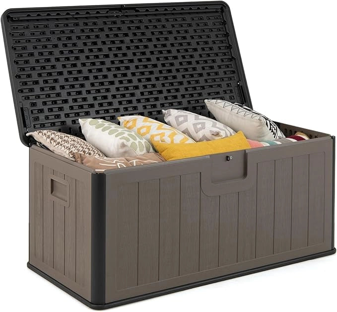 Baule da Esterno 378 L Impermeabile, Cassapanca Contenitore in Resina con Coperchio Bloccabile, Contenitore Salvaspazio per Giardino e Cortile, 130 x 64 x 59 cm (Marrone+Nero)