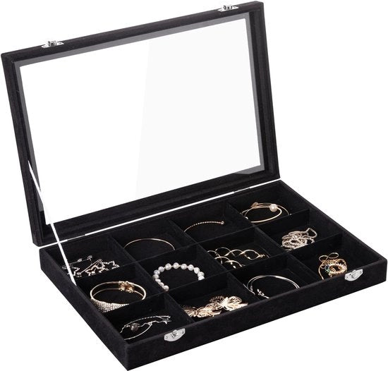 Organizzatore di gioielli con chiusura 12 riquadri - 35 x 20 cm - con fodera in velluto e supporto per bracciale - vetrina per gioielli resistente allo shock e protettiva