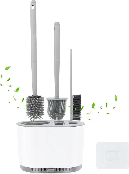 Spazzola per il water con silicone, impianto di fissaggio rapido, spazzola per il water multifunzionale 3-in-1, pulizia completa, colore grigio