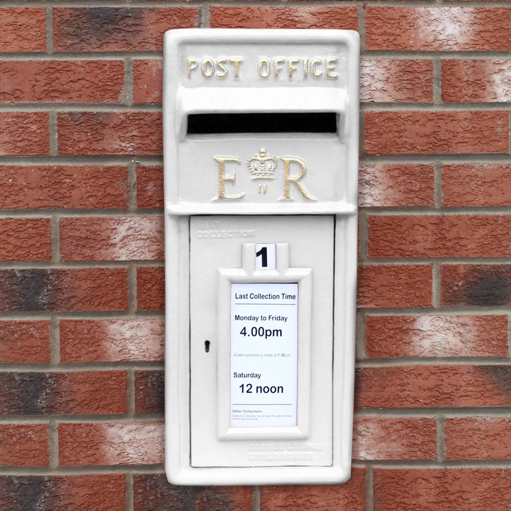 Cassetta Postale per le Lettere in Stile Britannico Inglese in Ghisa da Esterno Bocchetta Lettere Standard UK - con Piedistallo - Bianco