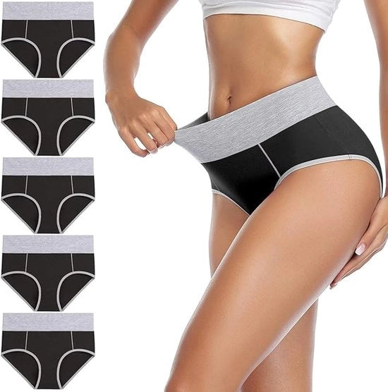5 pacchi di slip comodi per donne, alta cintura, slip in cotone robusto per il sollevamento delle anche e l'abbassamento della vita, Nero-XL