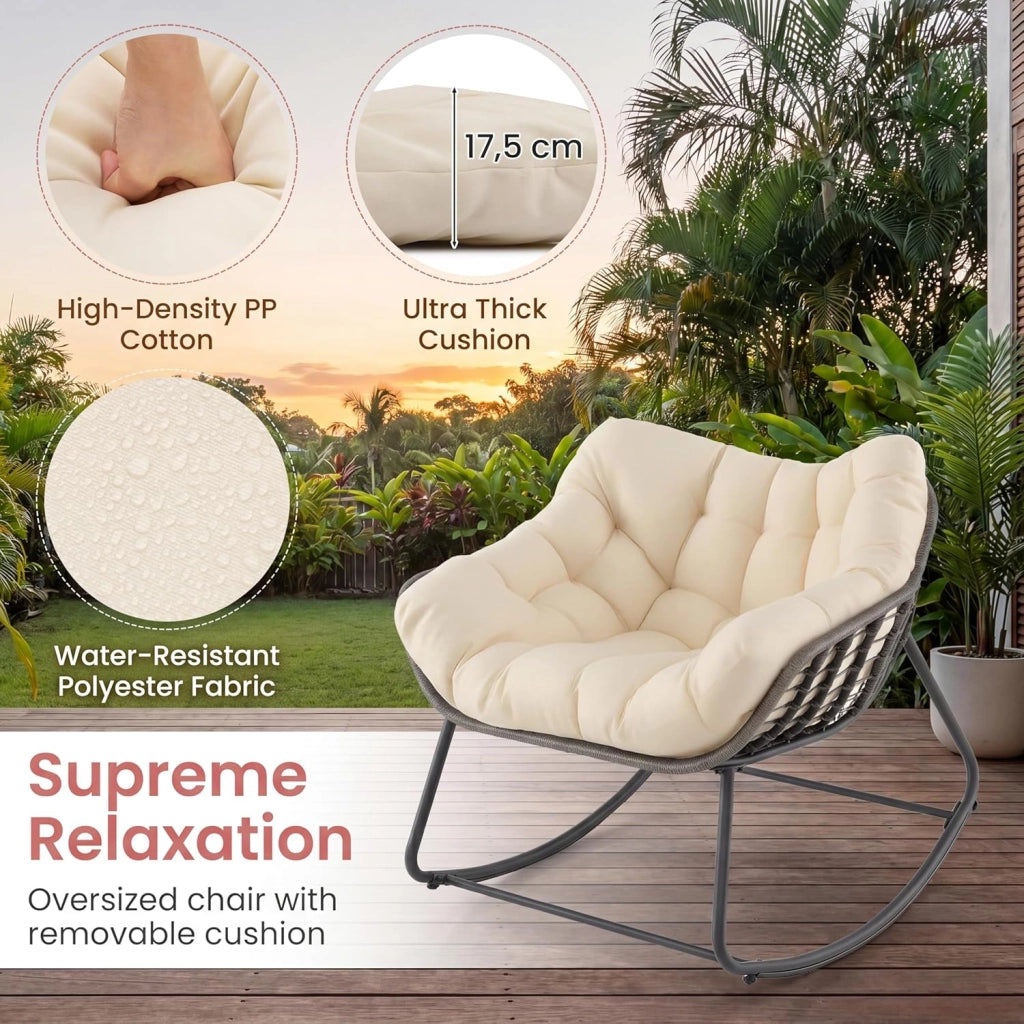 Sedia a Dondolo da Esterno e Interno, Poltrona Relax da Giardino in Rattan PE, con Cuscino Imbottito, Sedile Ampio e Antiribaltamento, per Salotto, Balcone, Terrazza, Portata 150 kg, Beige