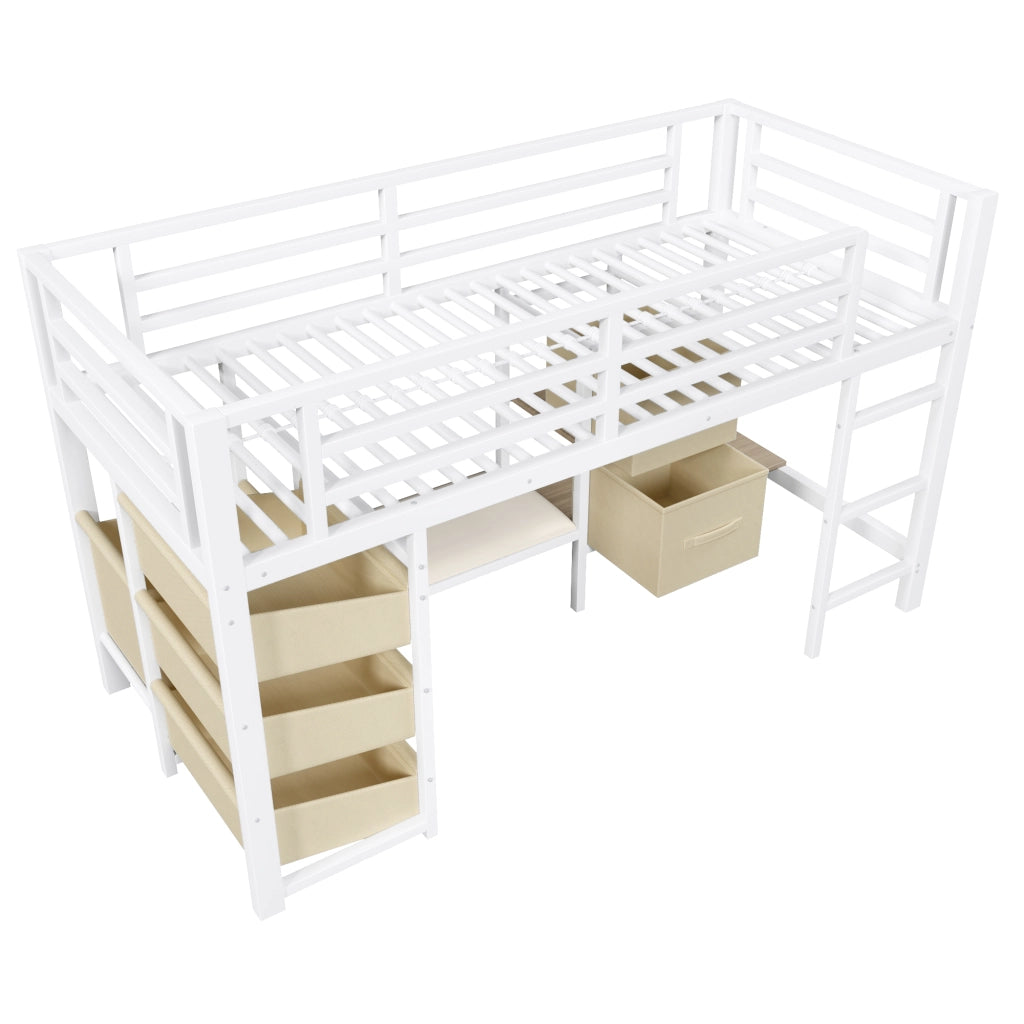 Letto a mezza altezza con LED multicolore - Zephmum-90x200 cm-Bianco-Cuscino seduta cassetti tessuto