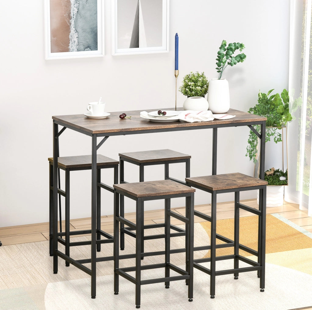 Set tavolo alto con 4 sgabelli, marrone rustico e nero