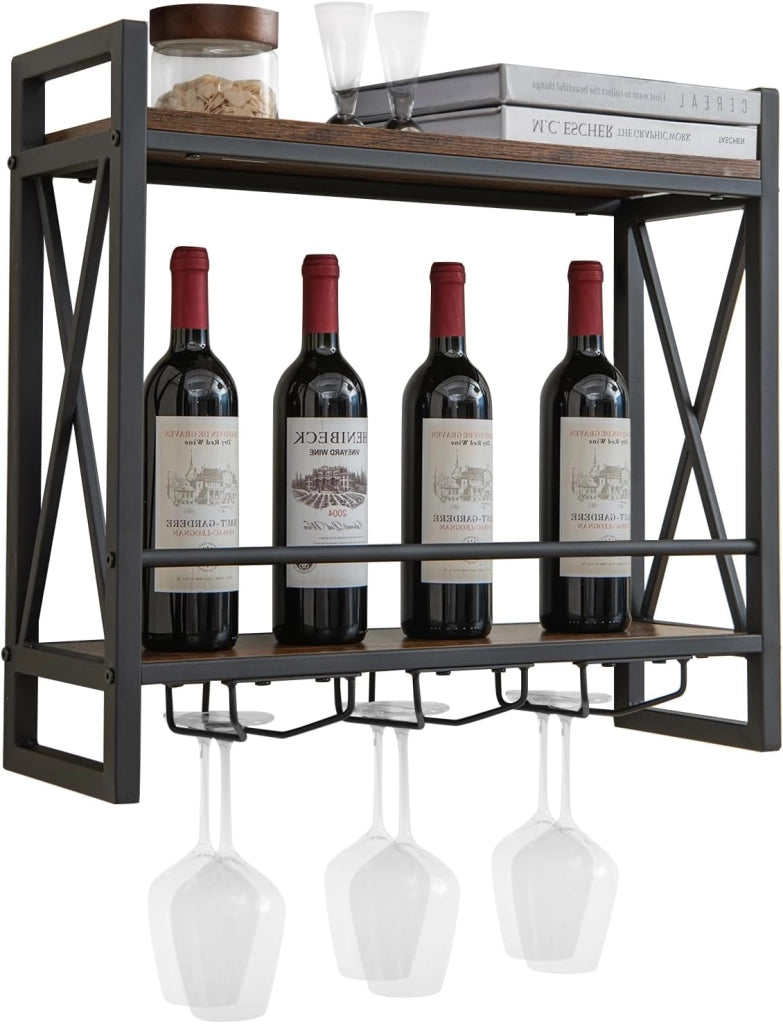 Portabottiglie da parete con portabicchieri da parete, con portabicchieri, per appendere bottiglie, 20 kg di carico per strato, per cucina, cantina, bar (80 x 20 x 63 cm)