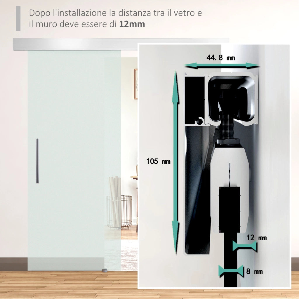 Porta Scorrevole Interna in Vetro Smerigliato con Binario B1 e Maniglia per Bagno Cucina Studio Vetro 205x 77.5x 0.8cm