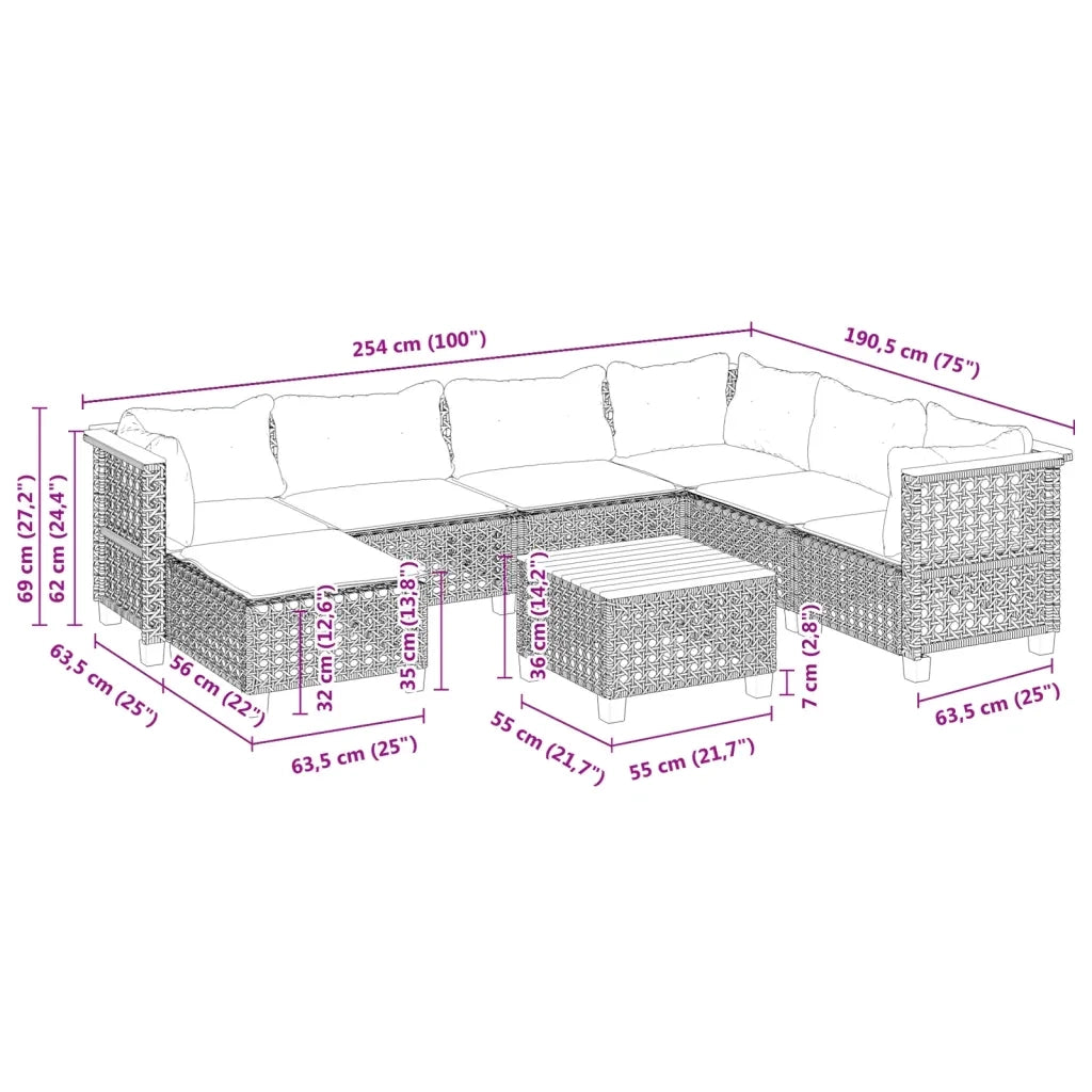 Set Divani da Giardino con Cuscini 8 pz Nero in Polyrattan 3261944