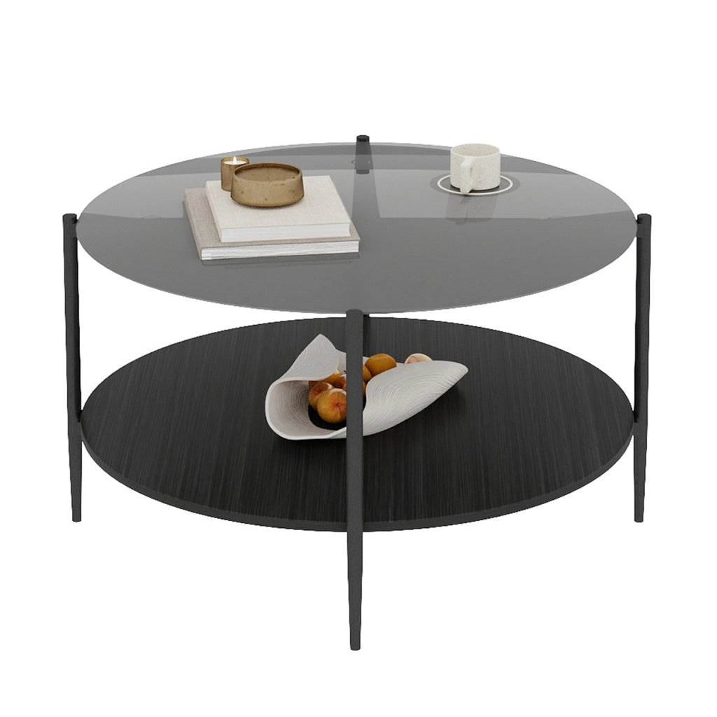 Tavolino da caffè con 2 ripiani - per soggiorno - in vetro; ferro e legno - nero - 82 cm