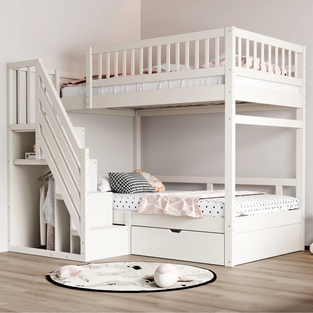 OKWISH Letto a Castello 90×200 cm, Letto Singolo con Scala Contenitore, Cassetti e Sponda Alta, senza Materasso, Legno, Bianco